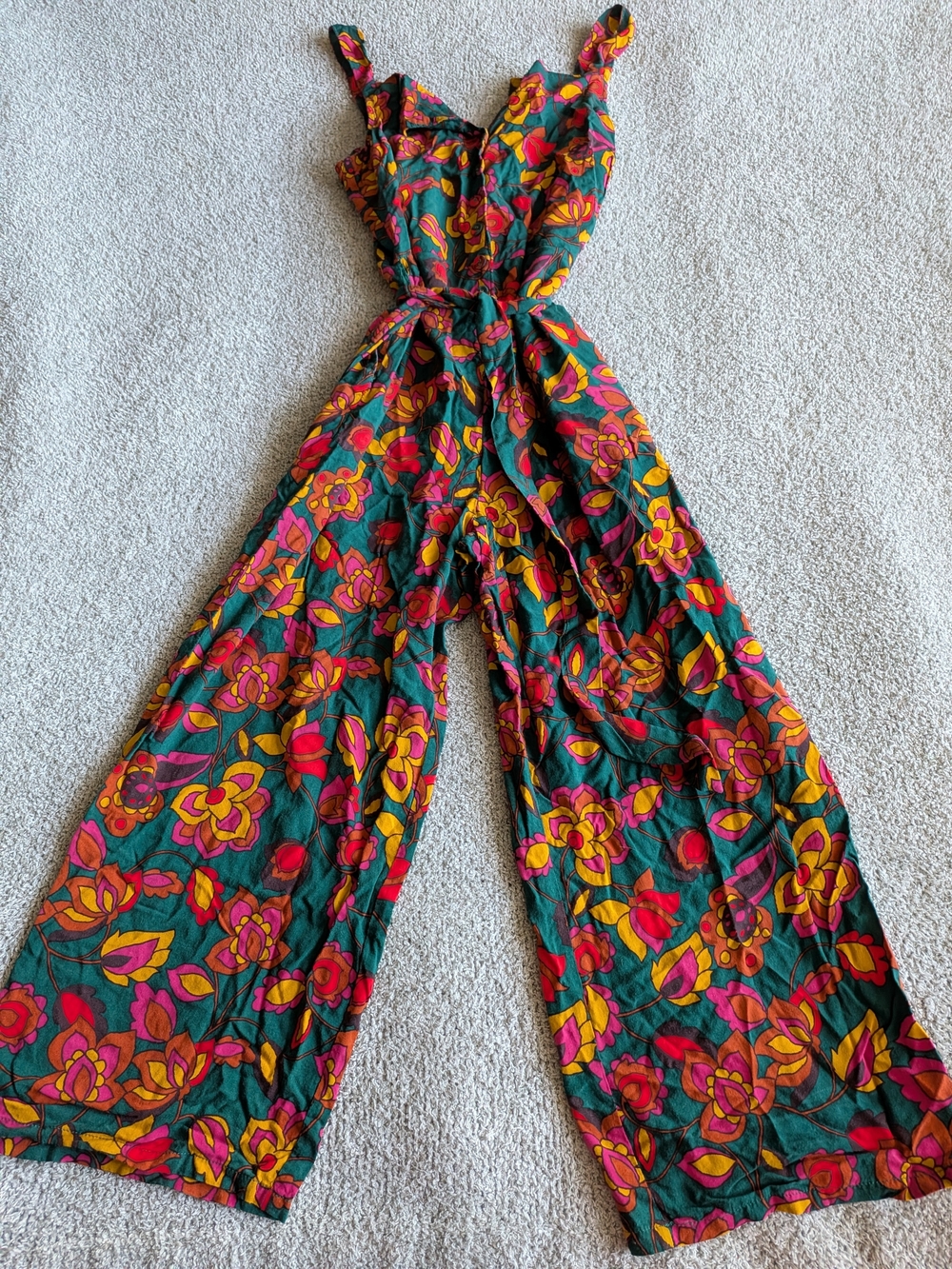 🌼B2G1🌼 Modcloth Teal Floral Tie-Waist Wide-Leg Jumpsuit NWOT - Picture 3 of 11